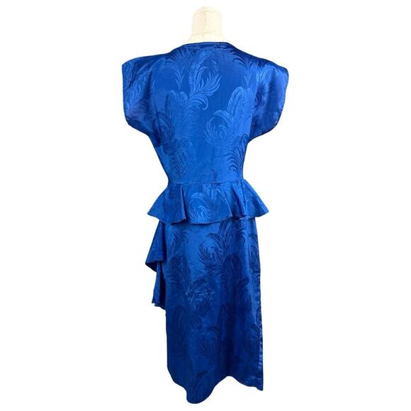 VTG 80s Printed Satin Cocktail Wrap Dress Size S Cobalt 90s Evening Party Peplum - Picture 4 of 16